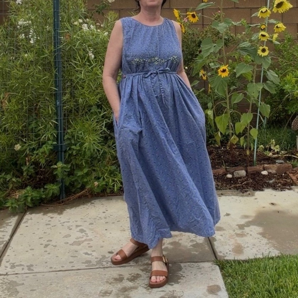 Vintage Blue Floral Embroidered Smocked Maxi Dress Pockets Pudding Shop Size 3
